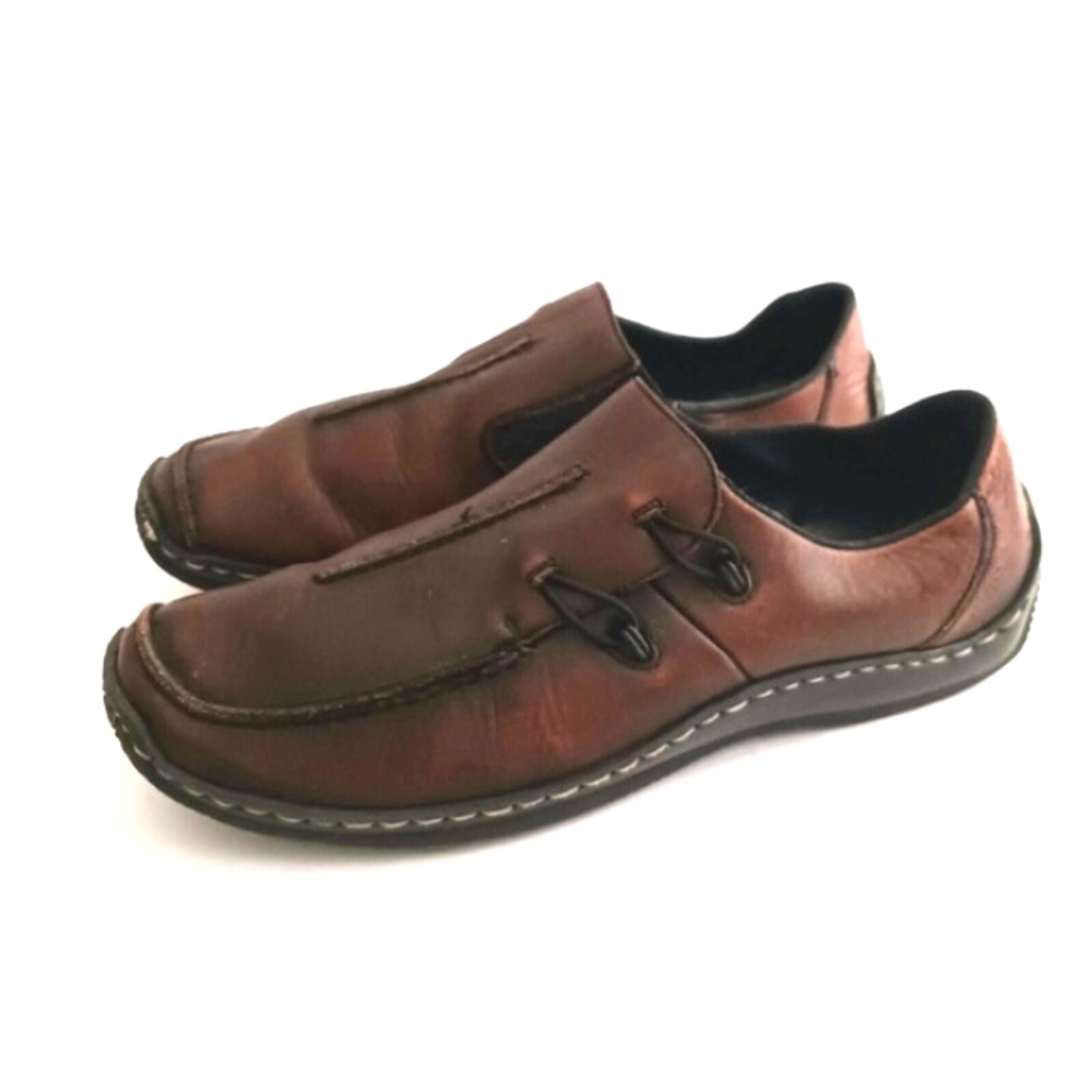 Reiker Celia Brown Leather Square Toe Chunky Slip On Comfort  EU 40 US 9